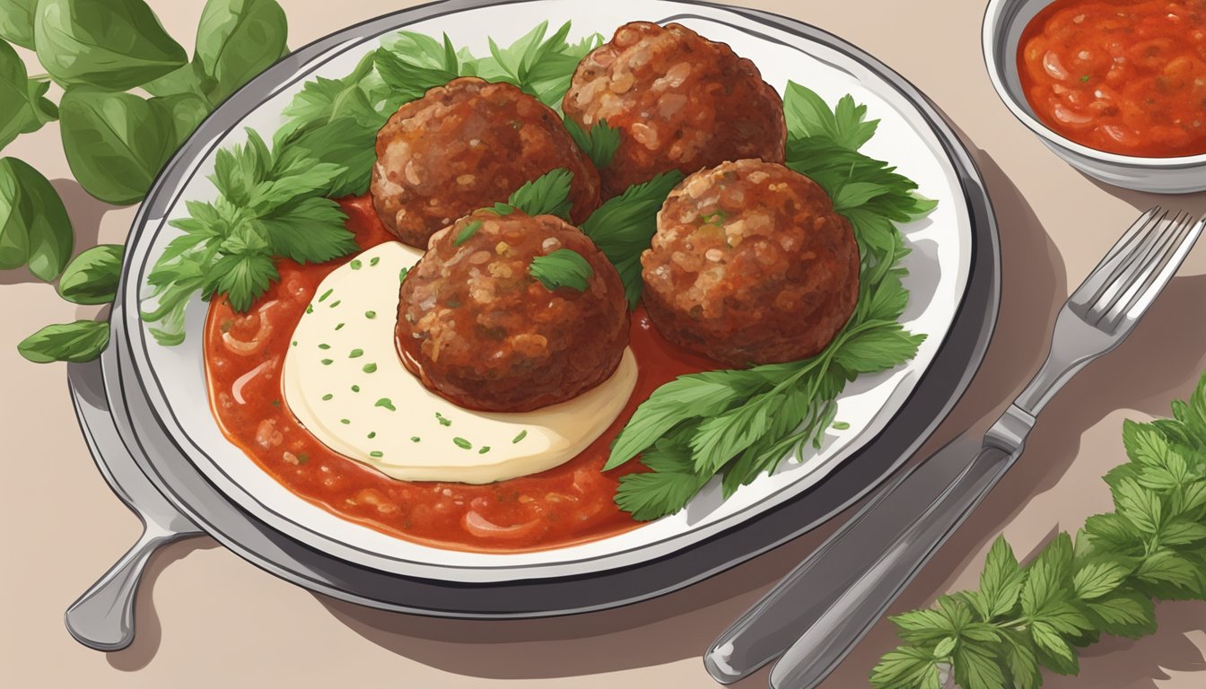 A plate with a single Italian meatball surrounded by fresh herbs and a side of marinara sauce