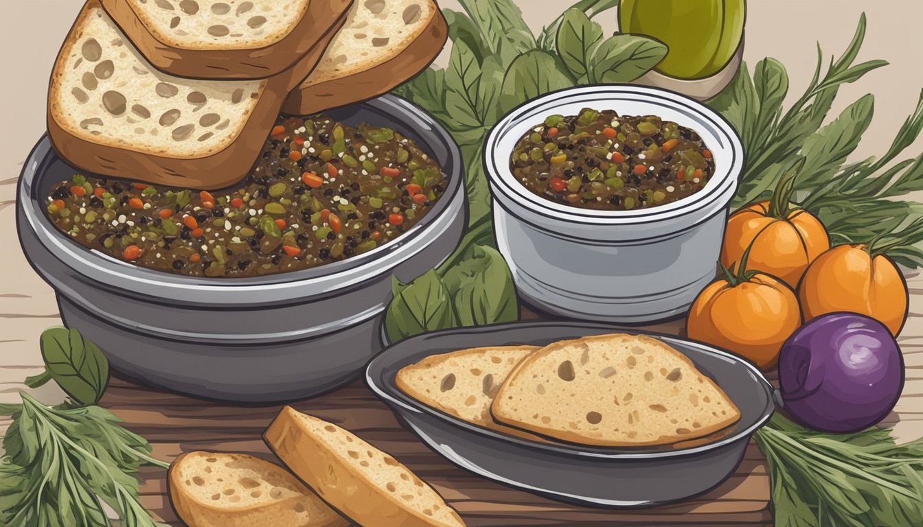 A small dish of olive tapenade sits next to a bowl of fresh vegetables and a basket of crusty bread