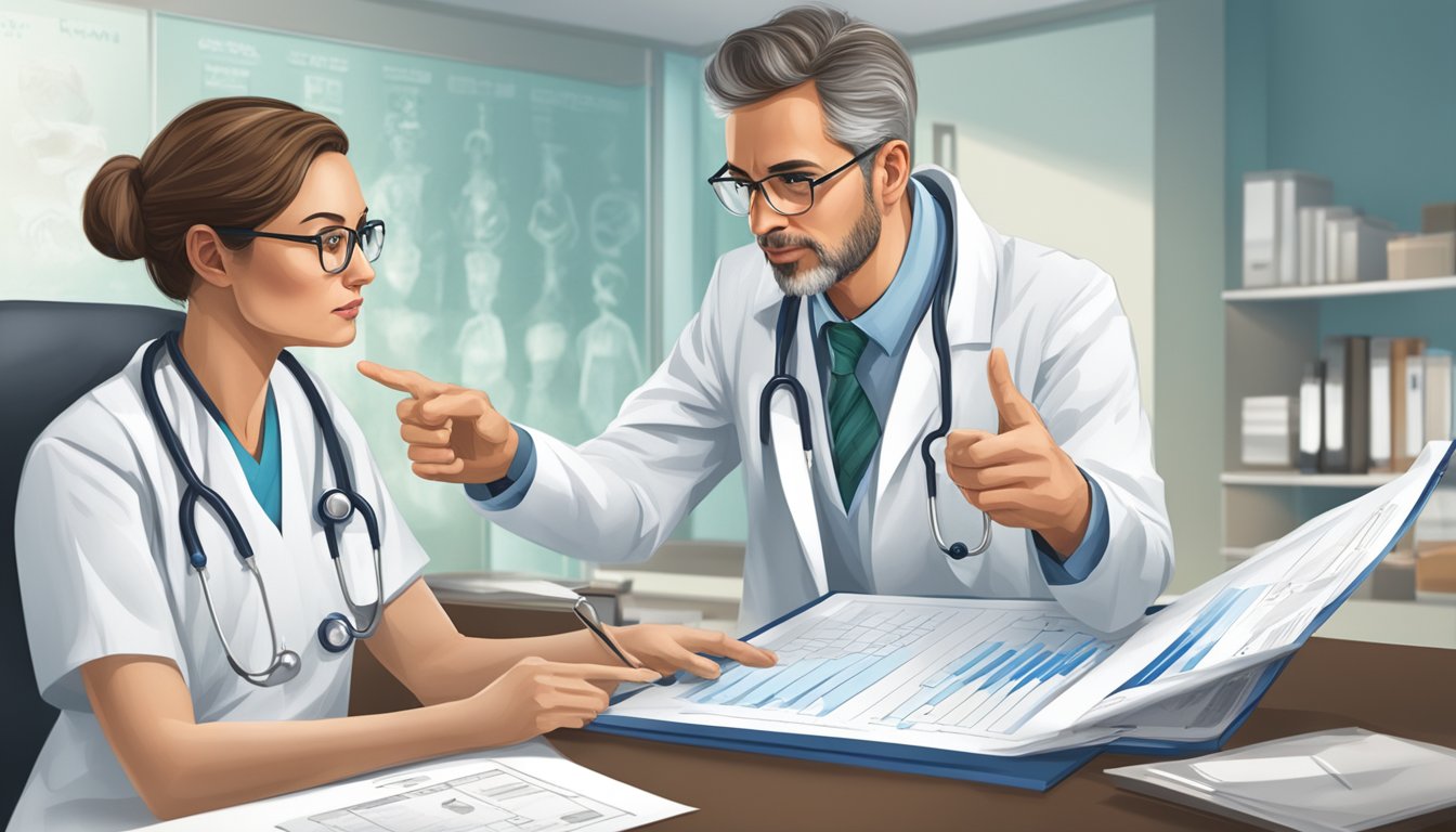 A doctor pointing to a chart of medical conditions, while a concerned patient listens attentively