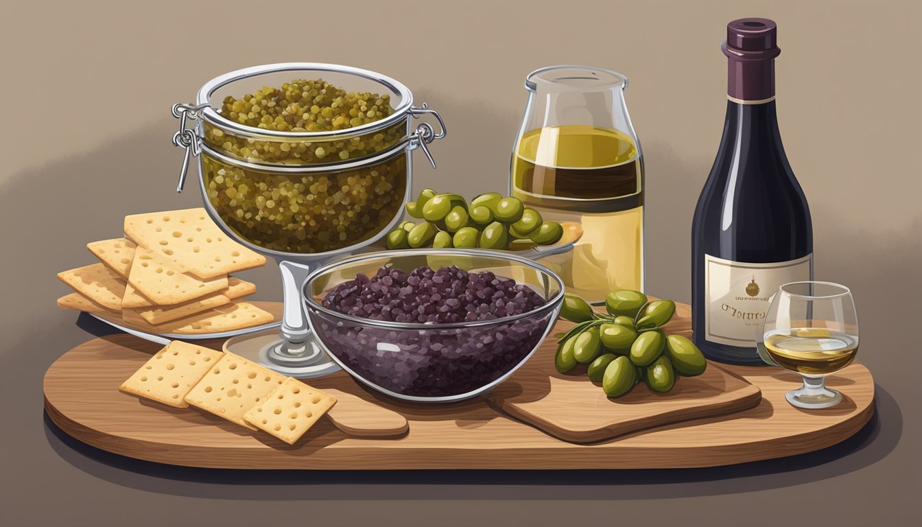 A jar of olive tapenade sits next to a spread of crackers and cheese on a wooden serving board, surrounded by glasses of wine