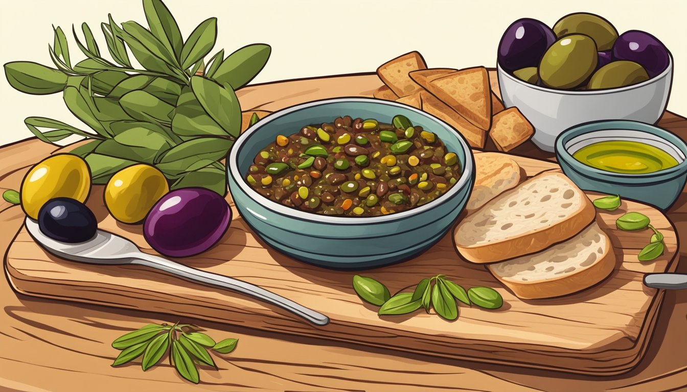 A small dish of olive tapenade sits on a wooden cutting board, surrounded by sliced baguette and colorful olives. A jar of olive oil and fresh herbs are nearby