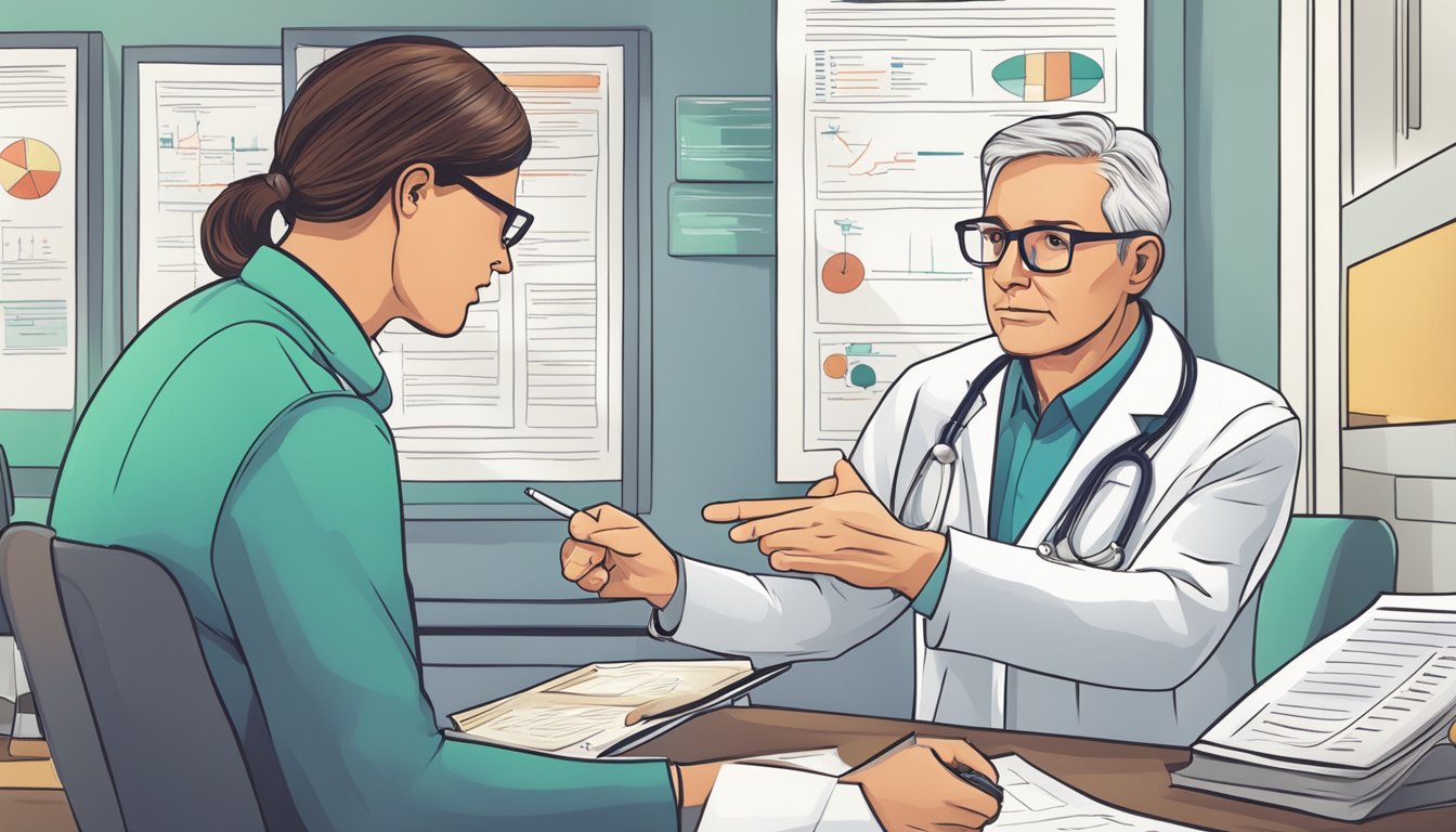 A doctor pointing to a chart listing covered critical illness conditions, while a worried patient listens attentively