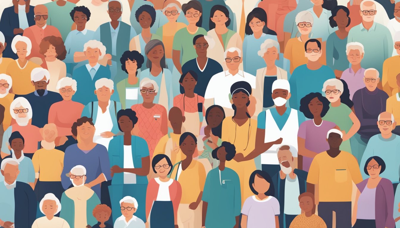 A group of people from various demographics, including children, adults, and seniors, are shown in a diverse setting. Each person is depicted in a different scene, with visual representations of various critical illnesses such as cancer, heart disease, and stroke