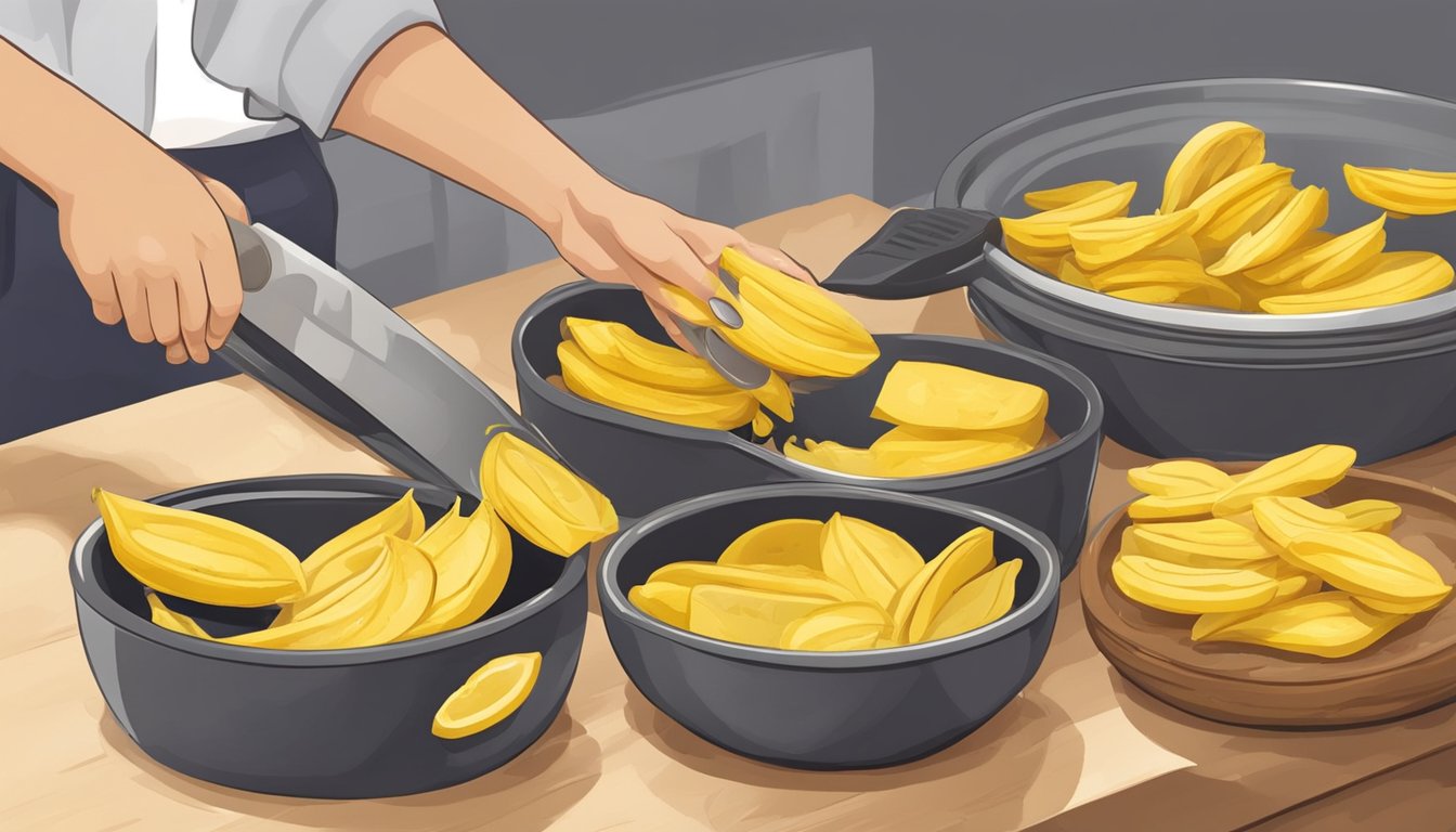 A ripe plantain is being peeled and sliced, then fried in hot oil until golden brown