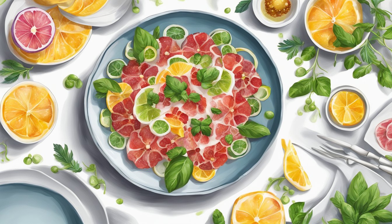 A plate with octopus carpaccio, surrounded by colorful garnishes on a white tablecloth