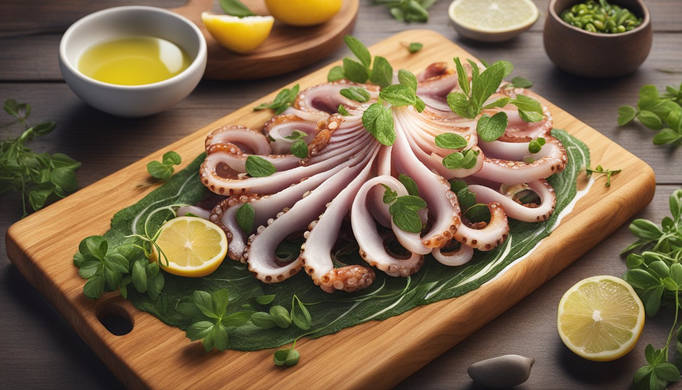 An octopus carpaccio being delicately sliced on a wooden cutting board surrounded by vibrant herbs and drizzled with olive oil