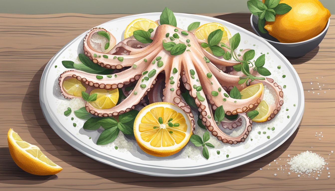 Thinly sliced octopus arranged on a plate with drizzled olive oil, sprinkled sea salt, and garnished with fresh herbs and citrus zest