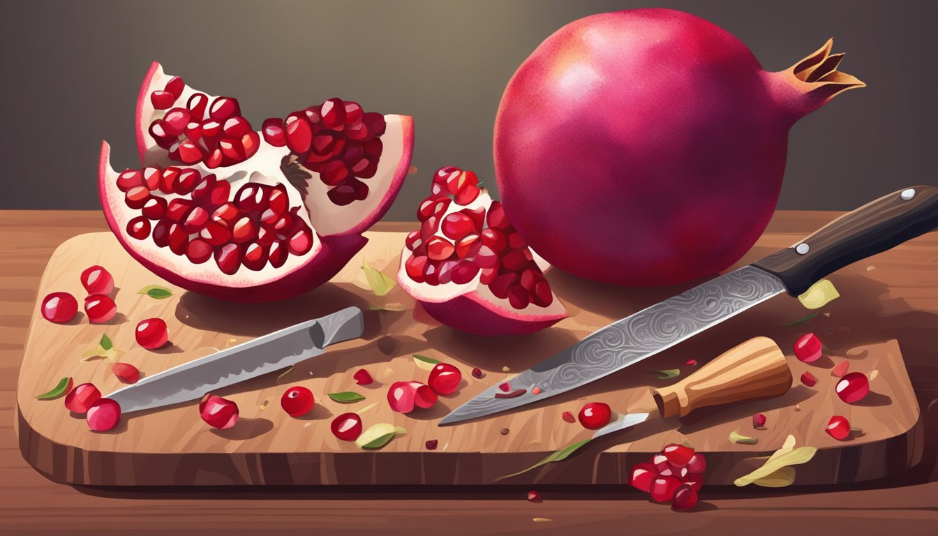 A pomegranate sits on a wooden cutting board, surrounded by scattered seeds and a small pile of discarded peel. A knife with a crimson-stained blade lays nearby