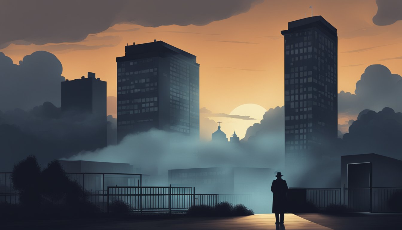 A dark, menacing cloud looms over a city, casting a shadow of fear and uncertainty. The silhouette of a hospital stands out against the ominous backdrop