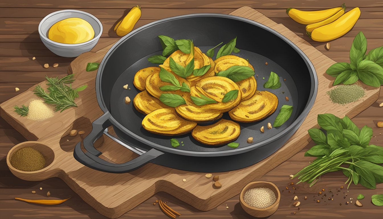 A plantain being sliced and fried in a sizzling pan, surrounded by various spices and herbs on a wooden cutting board