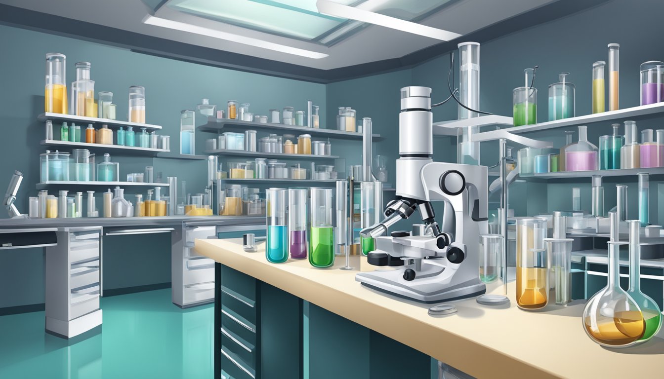 A laboratory setting with test tubes, microscope, and medical equipment