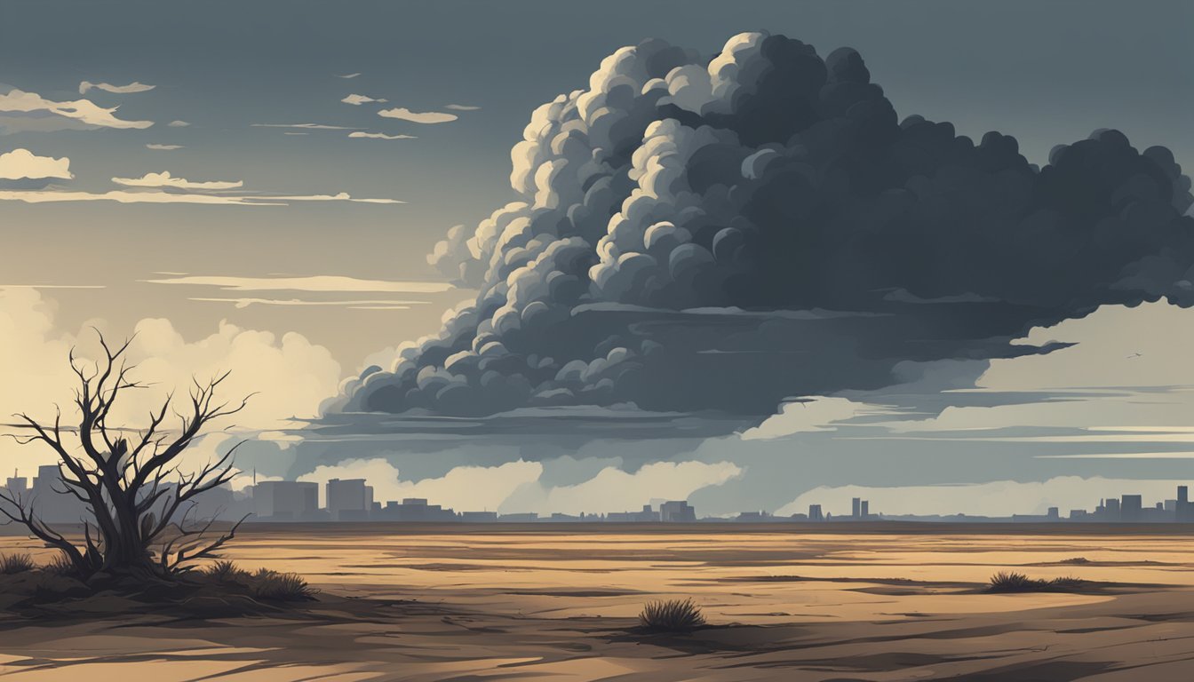 A dark cloud looms over a barren landscape, casting a shadow on wilted plants and empty buildings. The air is heavy with a sense of despair and hopelessness