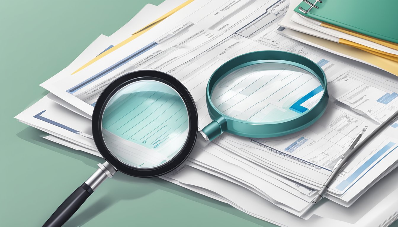 A stack of medical documents and a magnifying glass on a desk