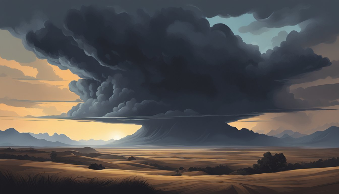 A dark, ominous cloud looms over a barren landscape, casting a shadow of fear and uncertainty