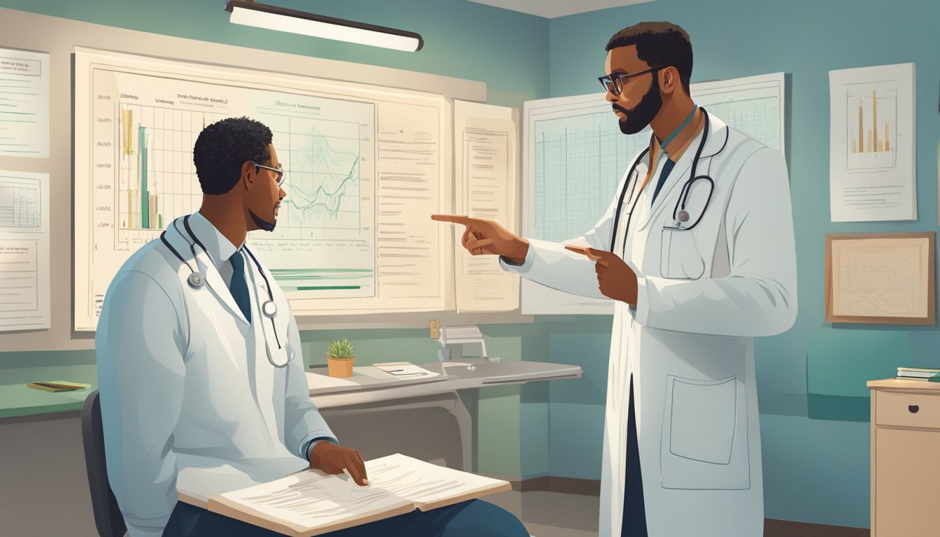 A doctor pointing to a chart showing various dread disease examples, while a patient listens attentively in a well-lit examination room