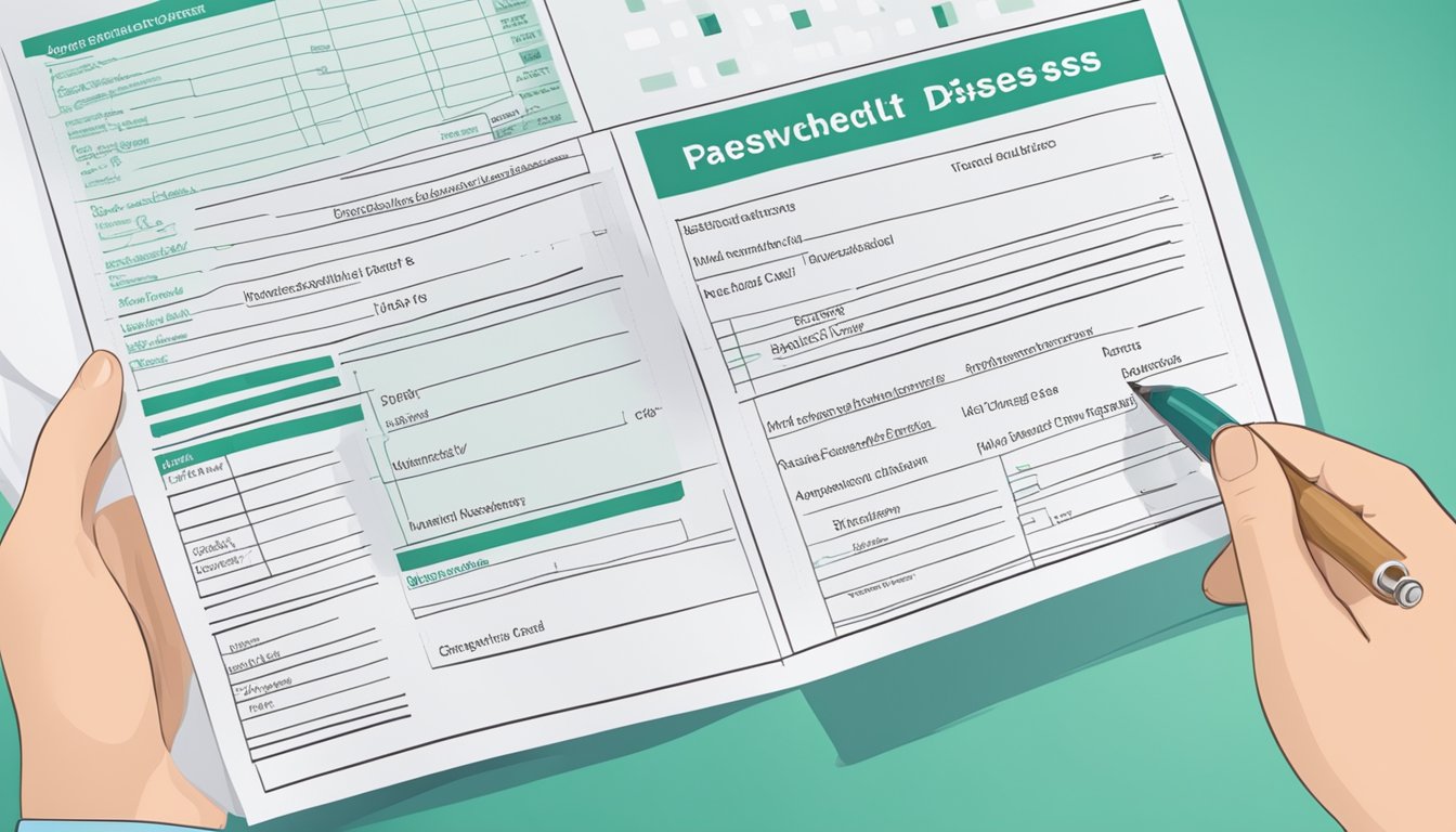 A medical chart with a list of covered diseases and a hand holding a policy document