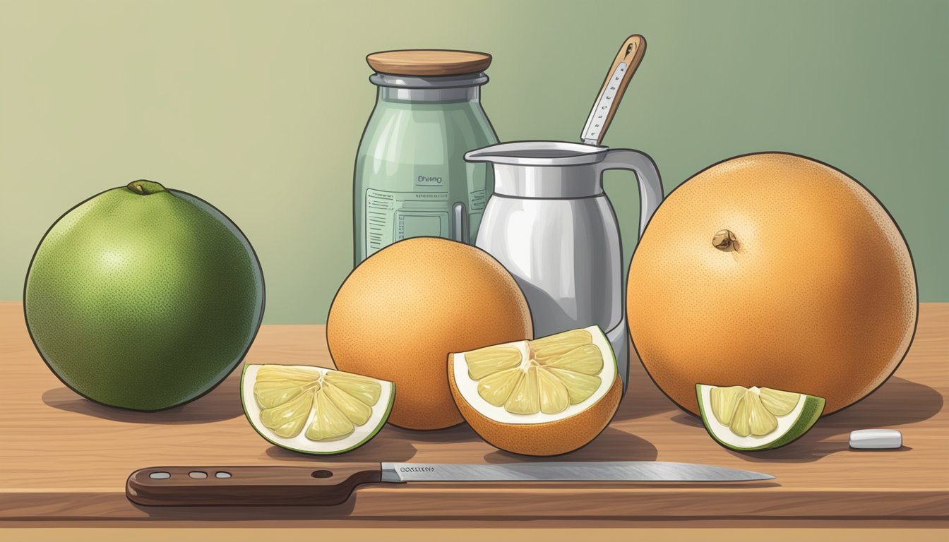 A pomelo sits on a wooden cutting board surrounded by a knife and measuring cups. A nutrition label and a bowl of pomelo segments are nearby