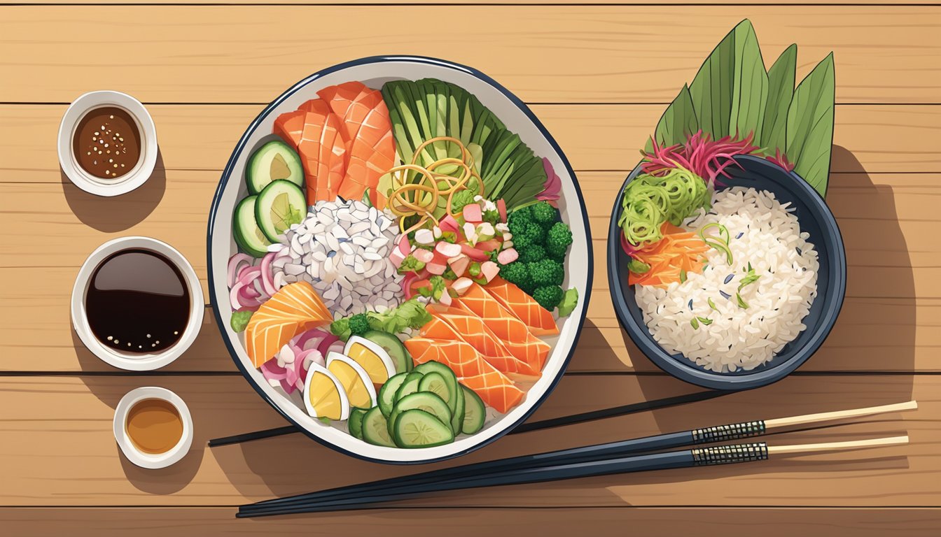 A poke bowl sits on a wooden table, filled with colorful layers of fresh fish, rice, and assorted toppings. A pair of chopsticks rests beside the bowl