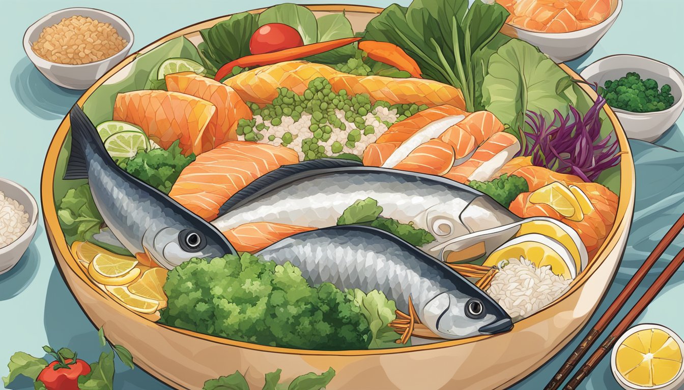 A colorful array of fresh fish, rice, and vibrant vegetables arranged in a bowl, with chopsticks resting beside it