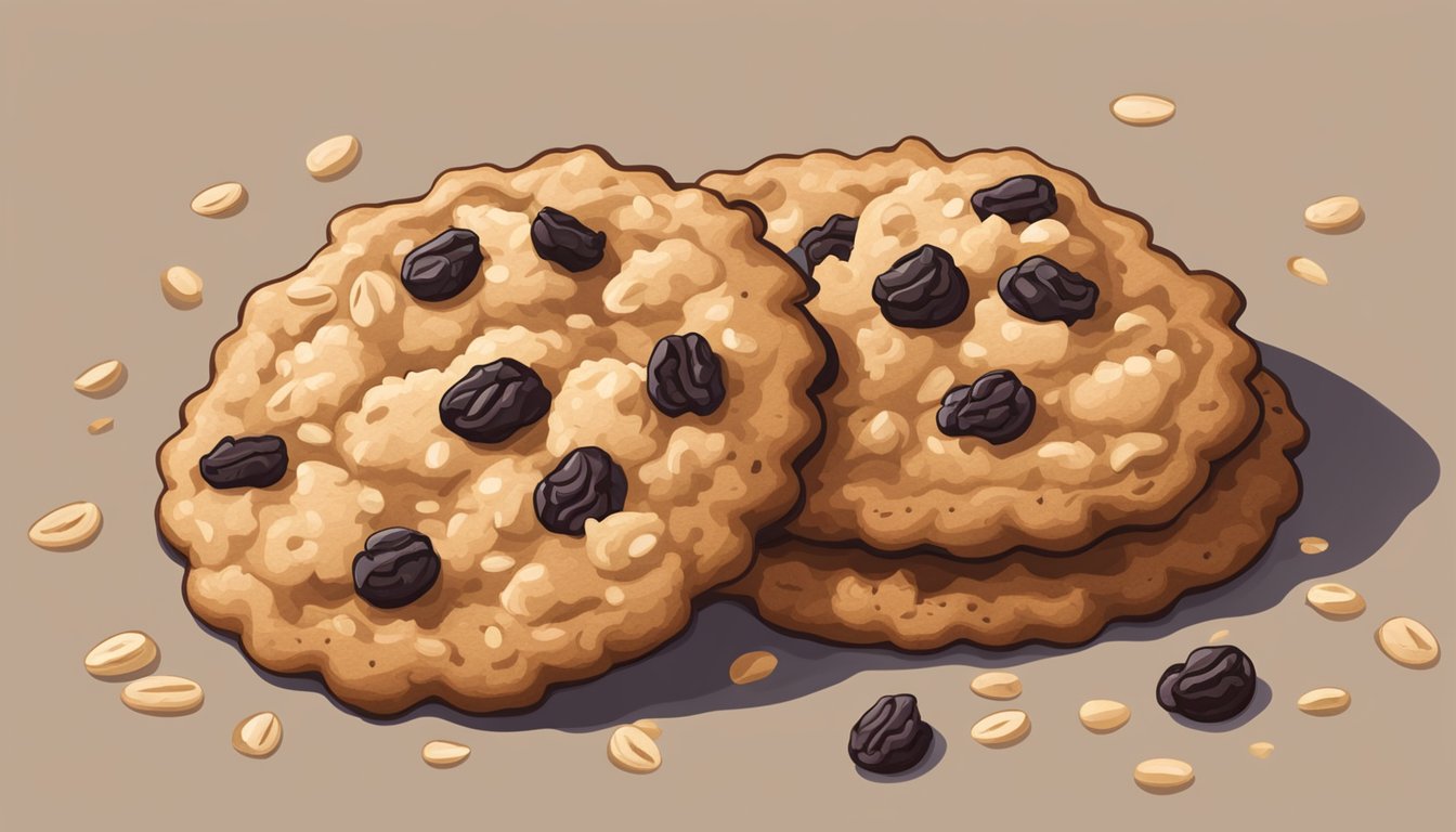 A crumbled oatmeal raisin cookie surrounded by scattered oats and raisins