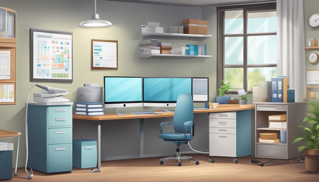 A doctor's office with medical charts and equipment, a desk with a computer, and a filing cabinet