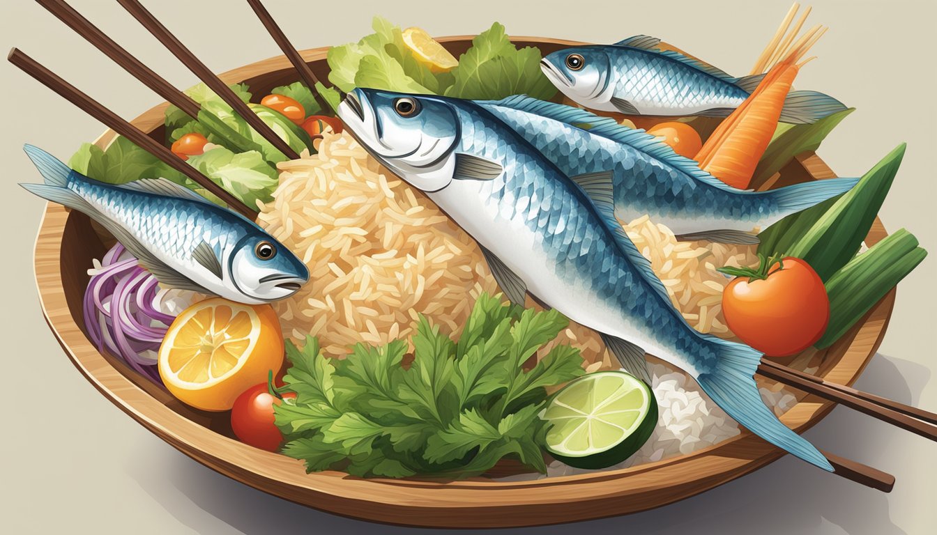 A pair of chopsticks hovers over a colorful array of fresh fish, vegetables, and rice in a wooden bowl