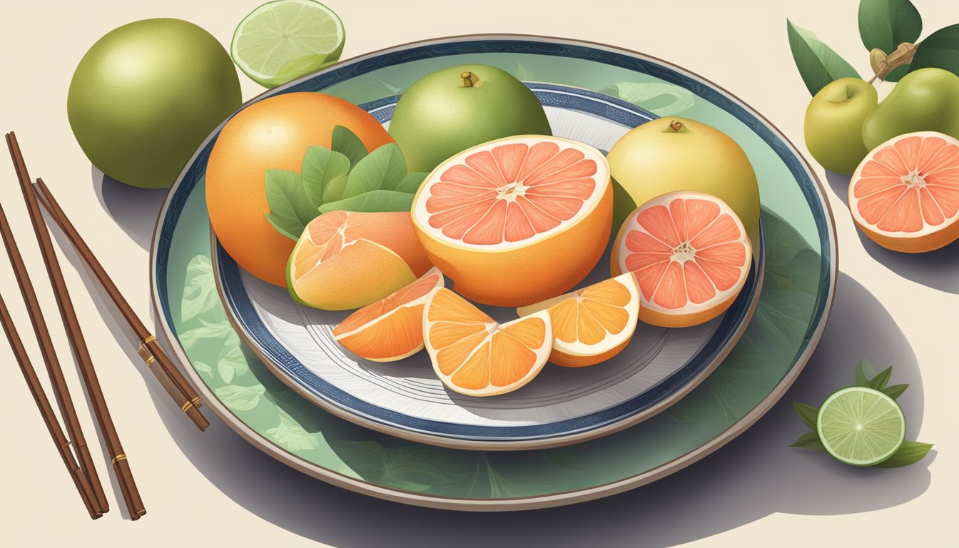 A pomelo resting on a traditional Chinese plate, surrounded by a variety of fruits and a pair of chopsticks