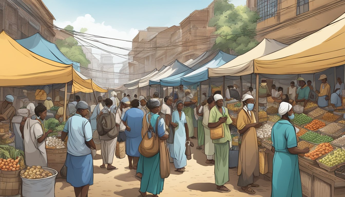 A bustling market with vendors selling medical supplies and pamphlets on dread diseases