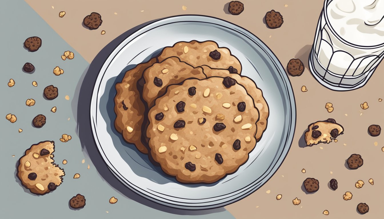 A hand reaching for an oatmeal raisin cookie on a plate, with a glass of milk nearby and crumbs scattered on the table