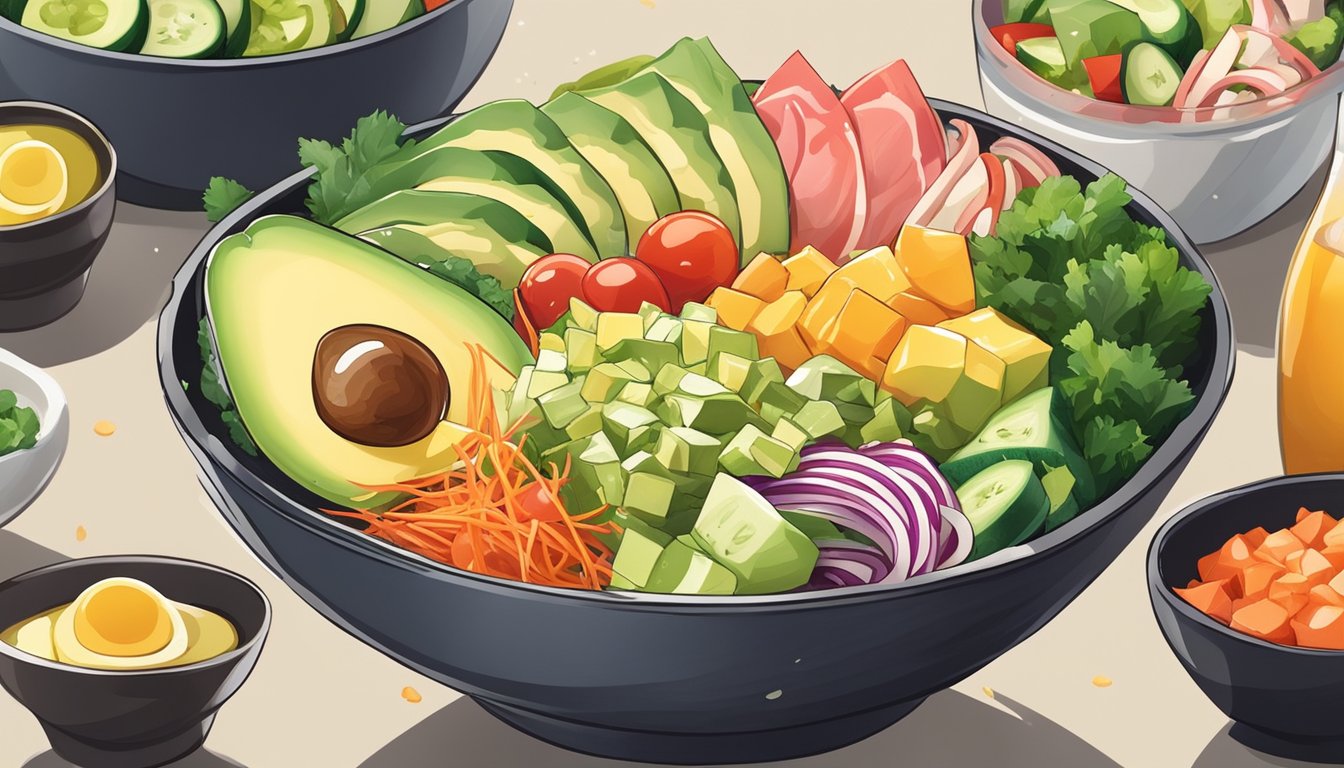 A colorful poke bowl surrounded by fresh ingredients like avocado, cucumber, and fish, with a variety of vibrant toppings and a side of soy sauce