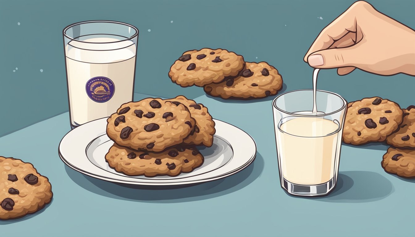 A hand reaching for an oatmeal raisin cookie on a plate, with a glass of milk nearby and a container for storing the remaining cookies