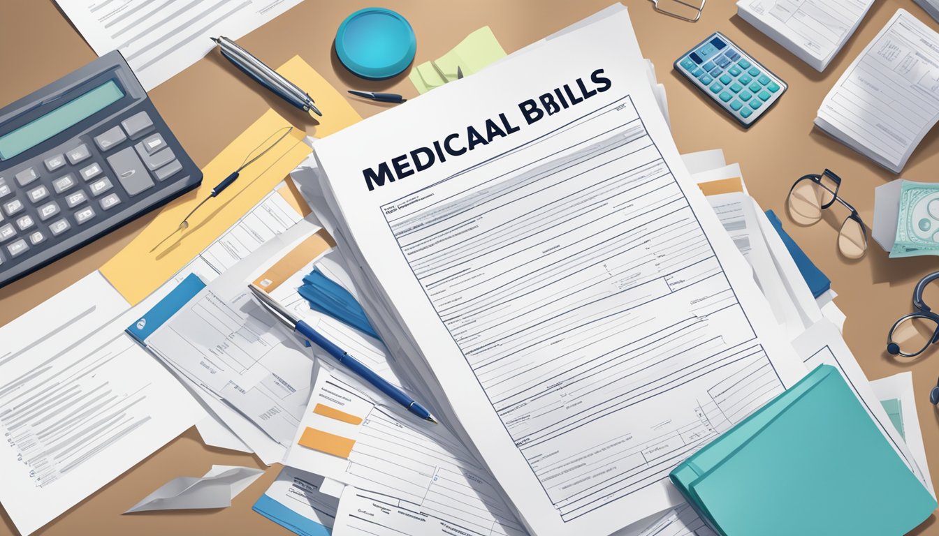 A stack of medical bills and a policy document on a cluttered desk