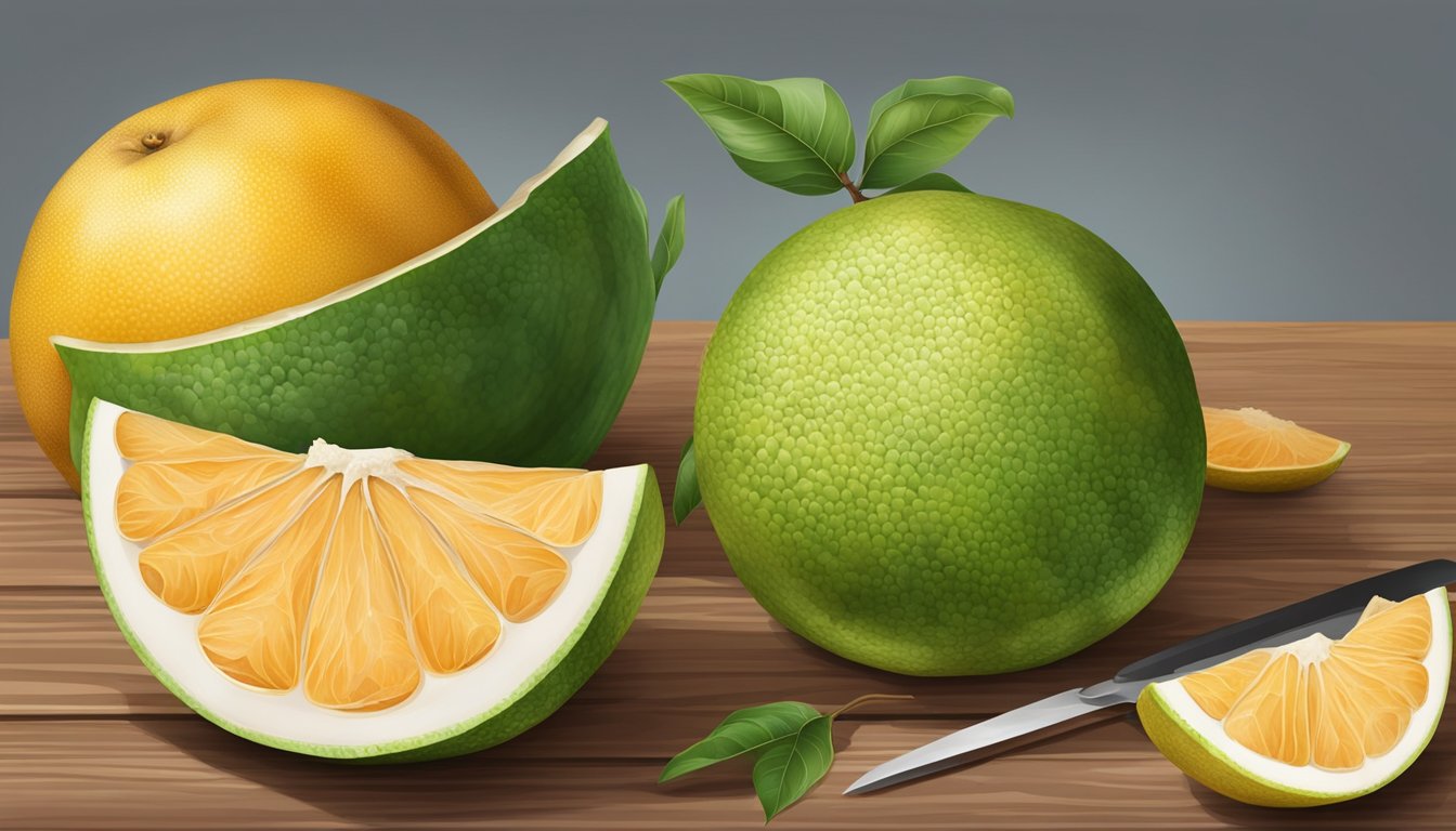 A pomelo sitting on a wooden table, partially peeled with juicy segments exposed, surrounded by scattered peels and a small knife