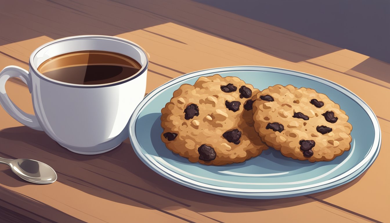 A plate with a single oatmeal raisin cookie next to a steaming cup of tea on a cozy, sunlit table