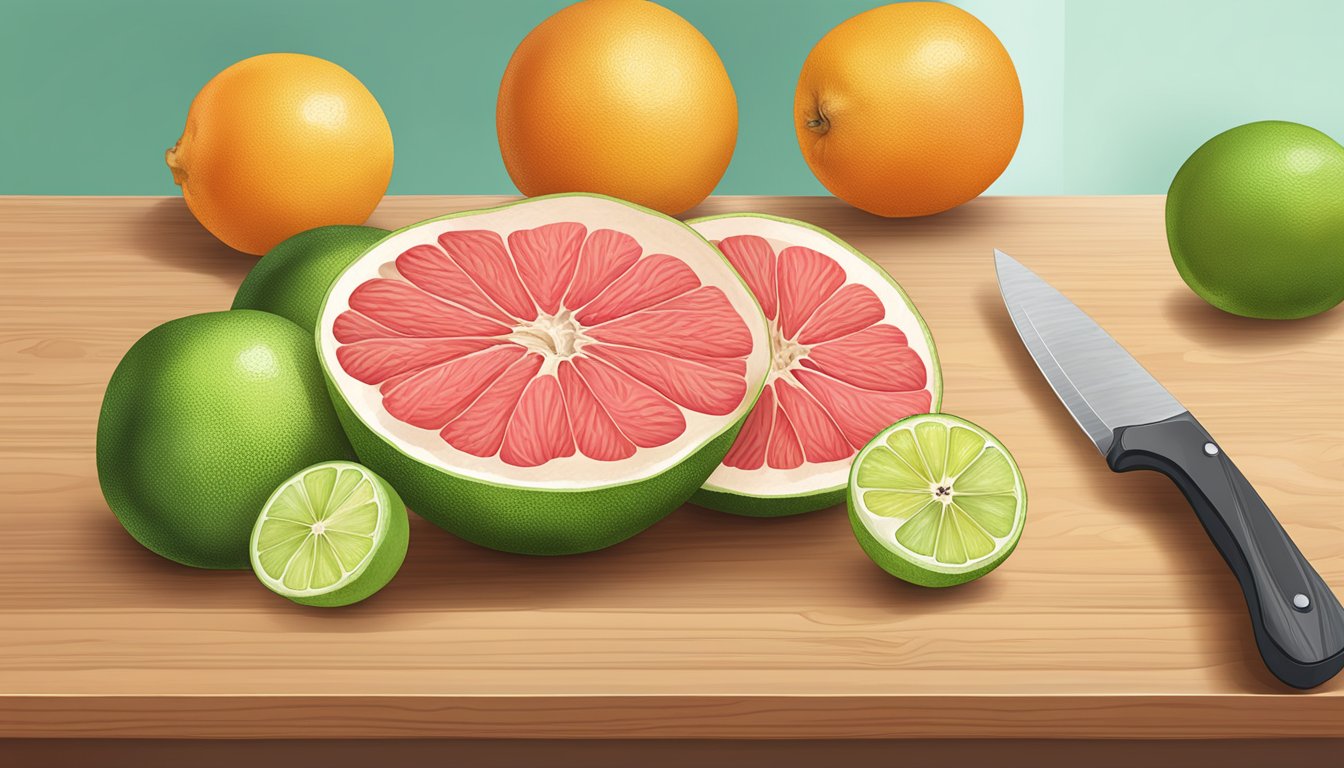 A whole pomelo sits on a wooden cutting board, surrounded by a knife, a citrus juicer, and a bowl of peeled segments