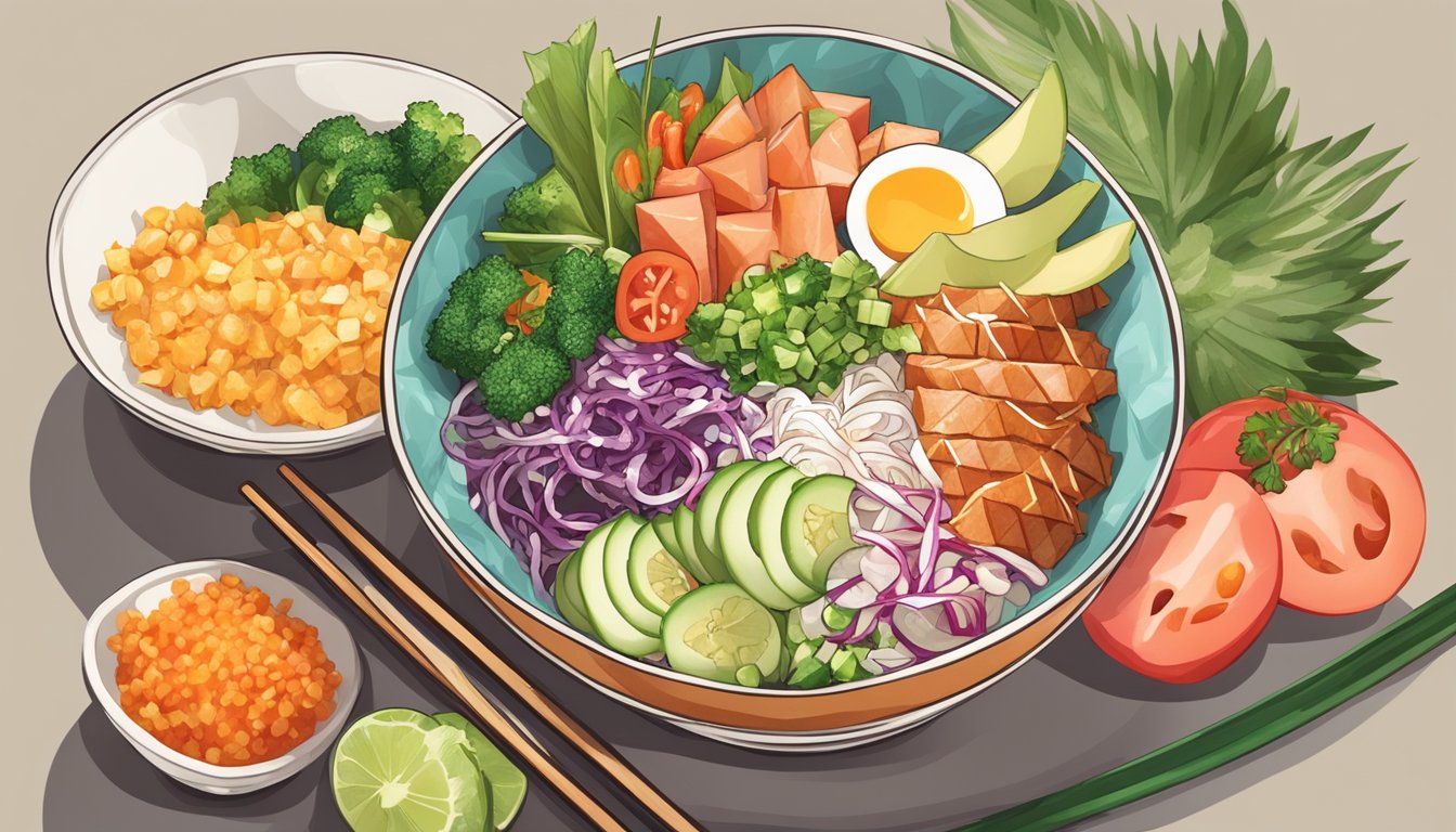 A poke bowl surrounded by vibrant ingredients, with a pair of chopsticks resting on the side