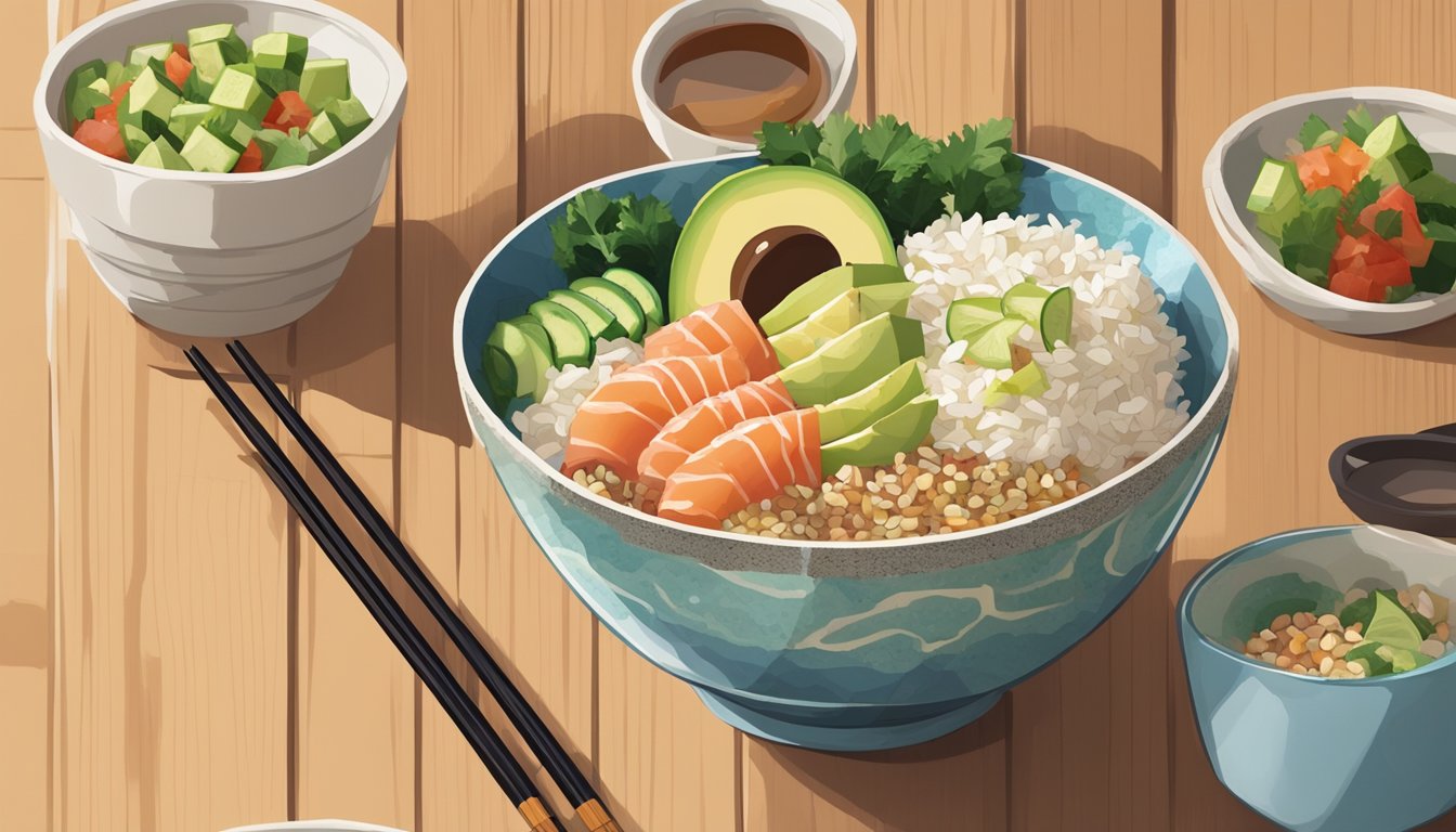 A colorful poke bowl sits on a wooden table, filled with cubed raw fish, rice, and vibrant toppings like avocado, cucumber, and sesame seeds. A pair of chopsticks rest next to the bowl