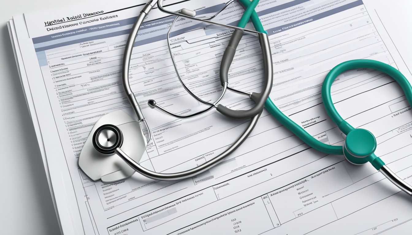 A stack of medical documents, a stethoscope, and a hospital bed with a chart indicating various illnesses covered by a dread disease policy