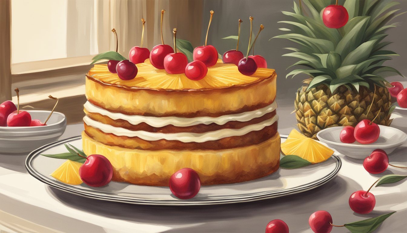 A pineapple upside-down cake sits on a vintage cake stand, adorned with caramelized pineapple slices and maraschino cherries