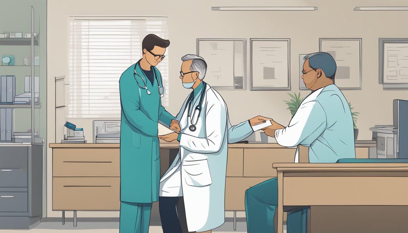 A doctor handing a check to a patient with a serious illness