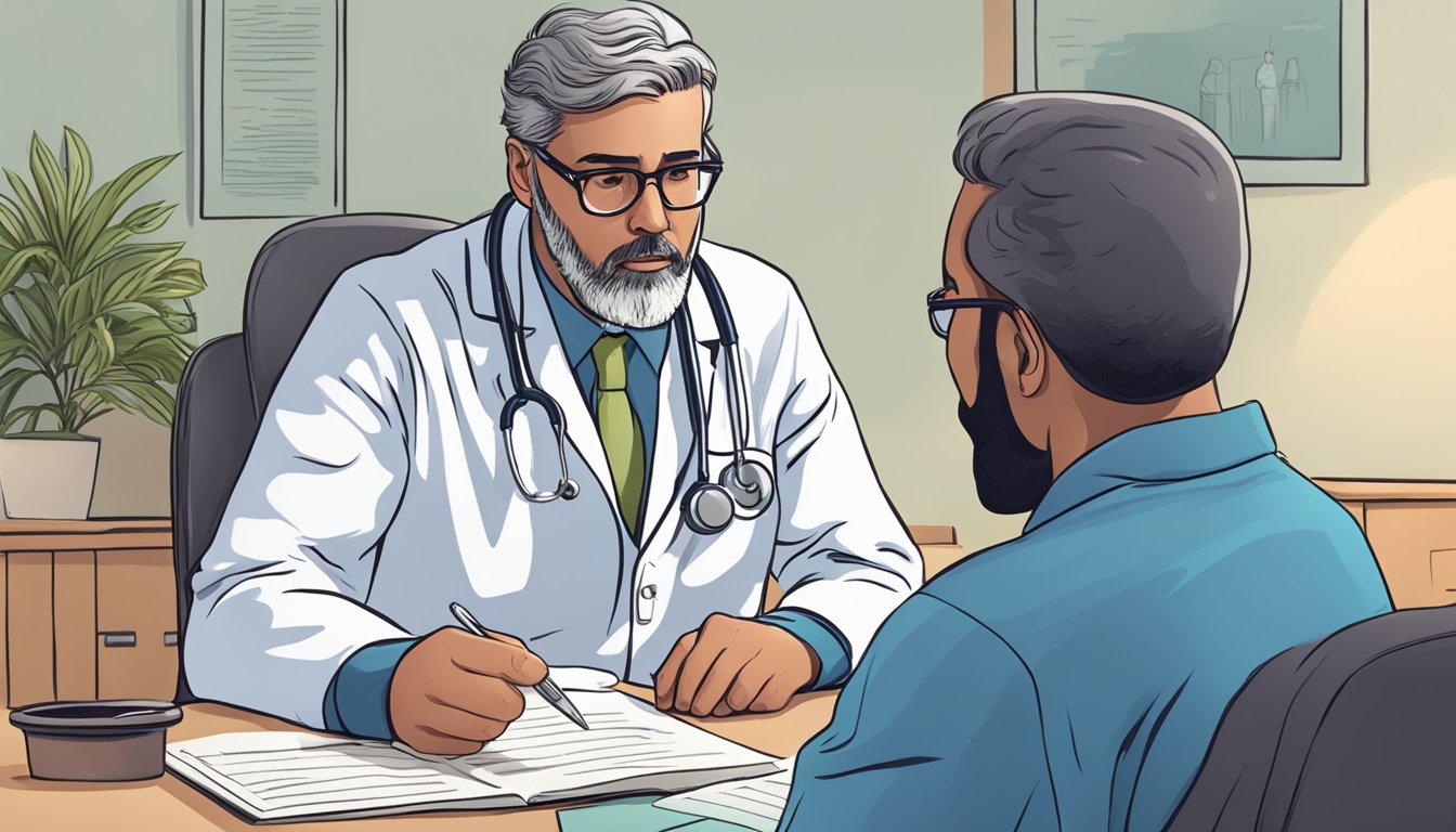 A doctor explaining a dread disease policy to a concerned patient