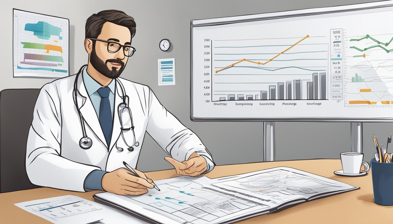 A doctor explaining coverage to a policyholder, with charts and diagrams on a whiteboard