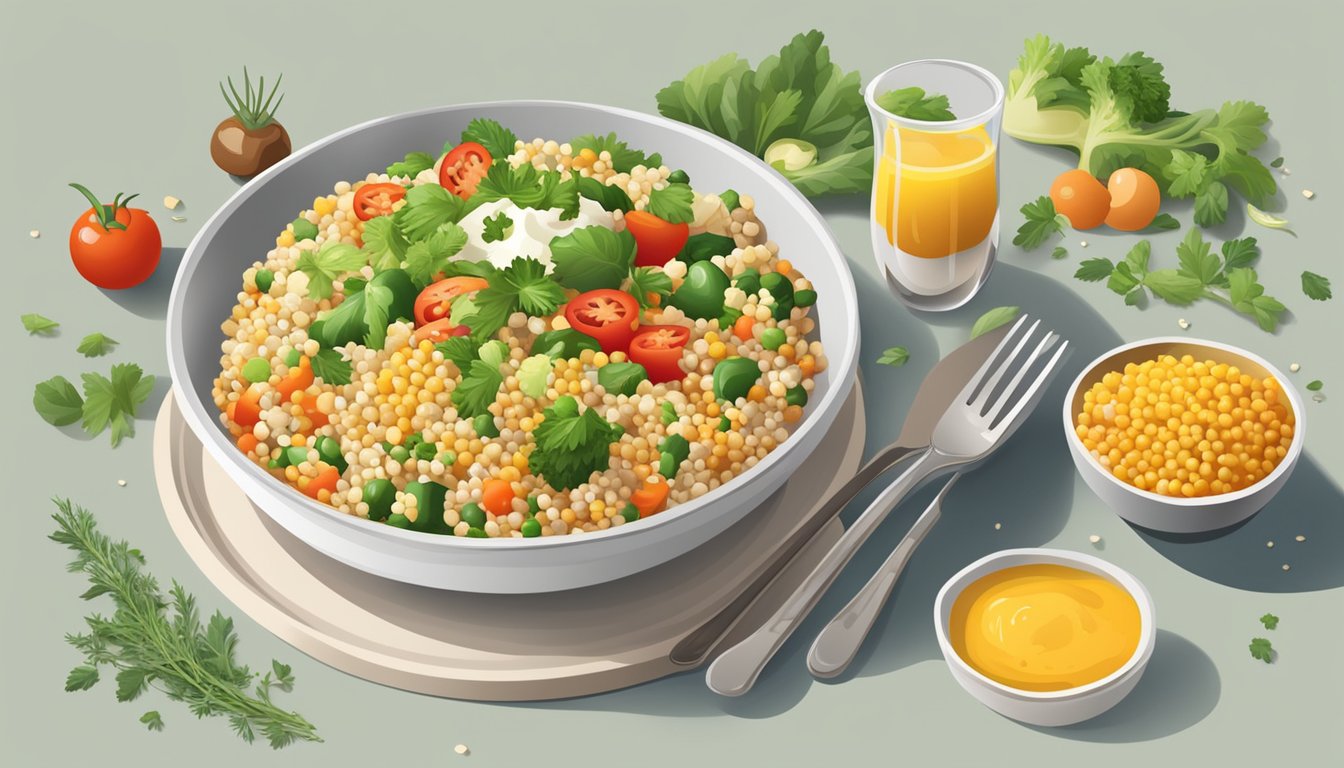 A bowl of Israeli couscous salad surrounded by fresh vegetables, herbs, and a drizzle of vinaigrette