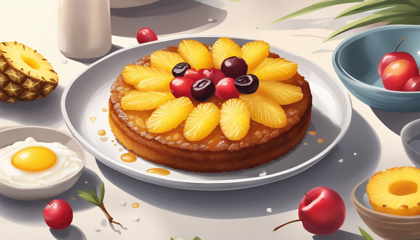 A pineapple upside-down cake sits on a white plate, topped with caramelized pineapple slices and cherries, surrounded by scattered ingredients like flour, sugar, and eggs