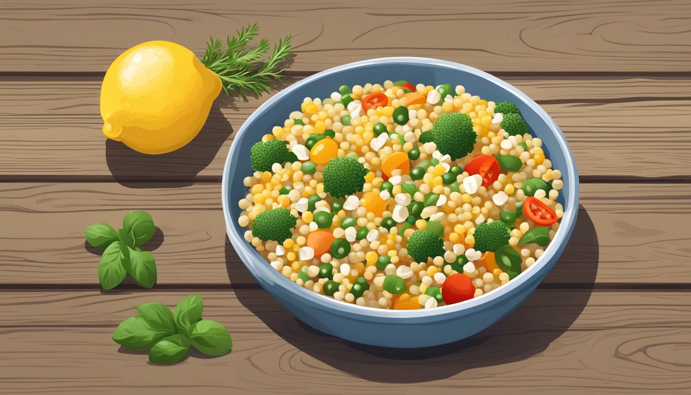 A colorful bowl of Israeli couscous salad with fresh vegetables and herbs, drizzled with olive oil and lemon juice, served on a wooden table