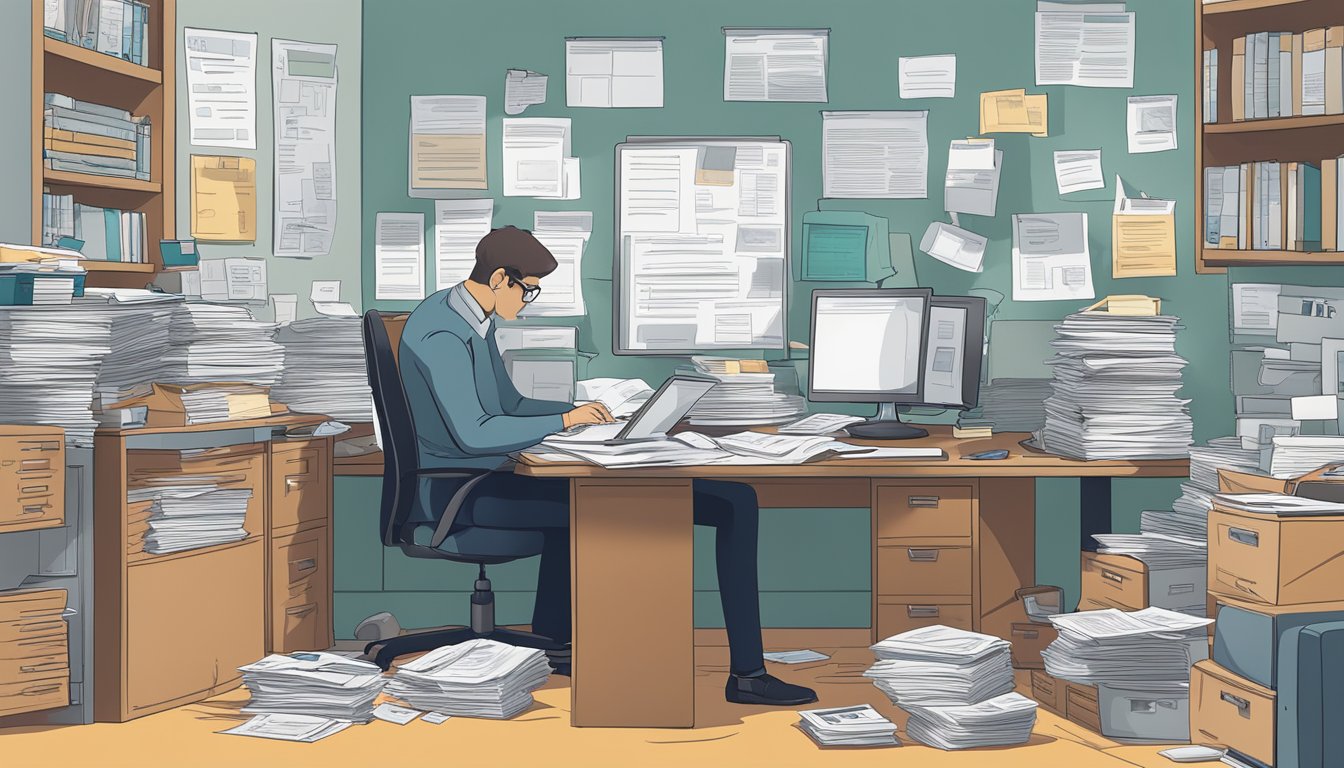 A desk cluttered with insurance documents, a computer screen displaying policy management software, and a person deep in thought