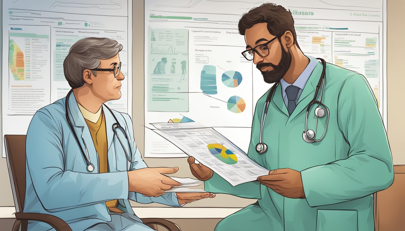 A doctor discussing a dread disease policy with a patient, pointing to a chart of covered illnesses