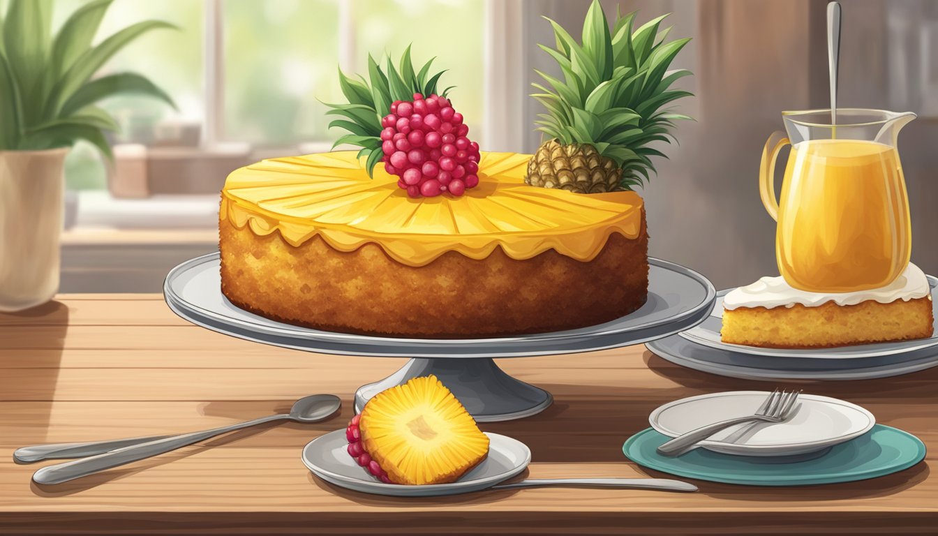 A pineapple upside down cake sits on a wooden table, surrounded by a cake server and a plate