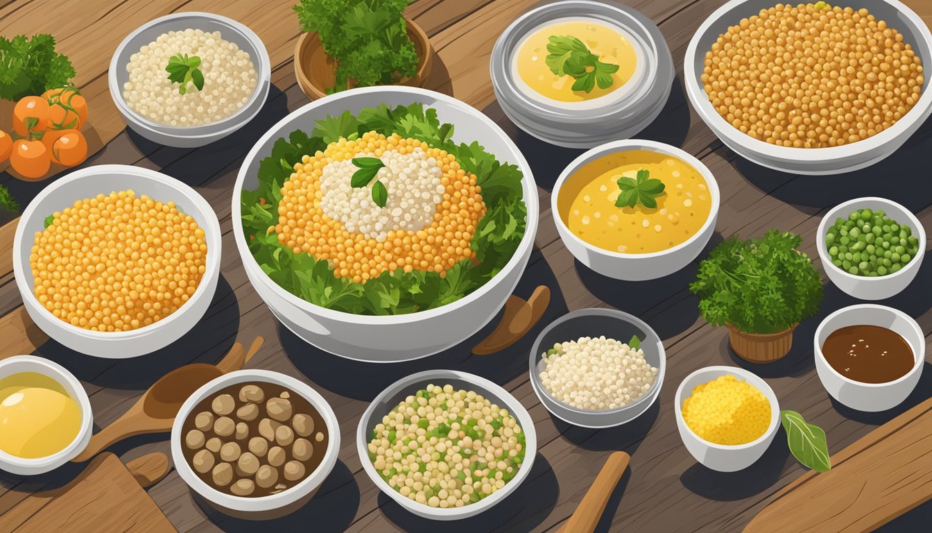 A bowl of Israeli couscous salad surrounded by various dressing options on a wooden table