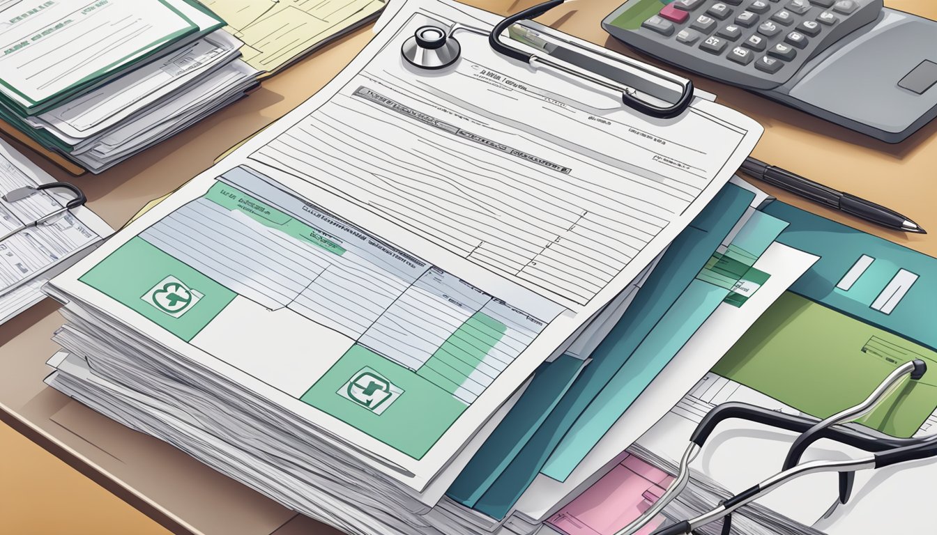 A stack of medical bills and a policy document on a desk